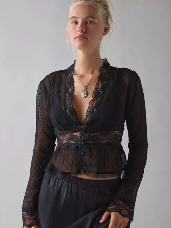 Urban Outfitters Tops - Kimchi blue Sheer Black Lace dot Button-Front Blouse